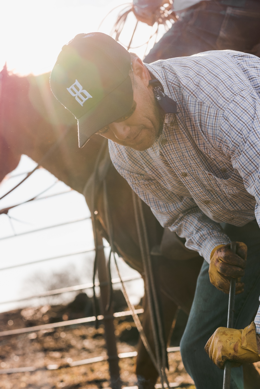 Cowboy wearing BEX Black Steel cap working at sunrise, golden hour backlight, horse in background